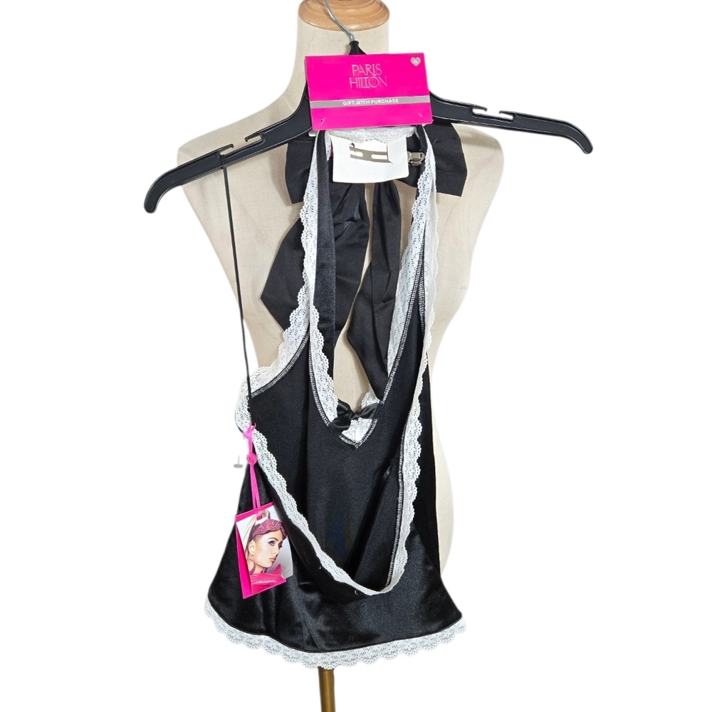 Paris Hilton Black Satin Halter Top with Lace Trim And Black Bow Hair Clip NWT - Picture 3 of 5